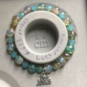Handmade Multi-color Round Glass Beads Stretchable Bracelet W Jesus Charm
